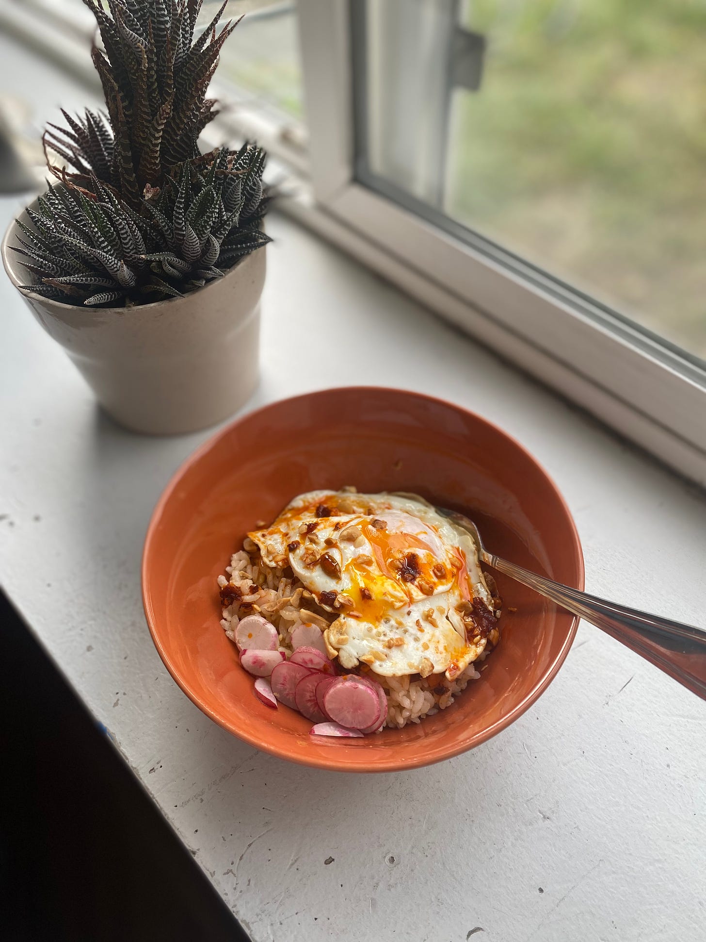 An orange bowl of fried rice with a fried egg on top, yolk broken open. The egg is garnished with chili crisp and peanuts, and thin slices of radish.