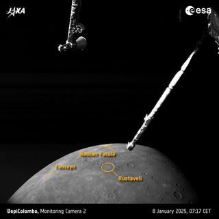 Lava and debris on Mercury's surface as seen by the ESA/JAXA BepiColombo mission on 8 January 2025 during its sixth flyby