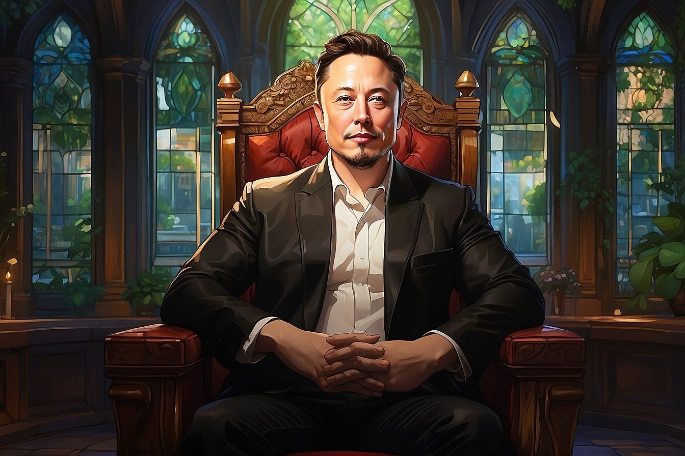Elon Musk sits calmly on an elegant throne made of carved mahogany and velvet, conveying leadership and visionary thinking. Books and futuristic technologies surround the throne, symbolizing intelligence and innovation. A lush green courtyard is visible through stained glass windows in the background. The image depicts transcending materialism to focus on creativity, invention, and working for the greater good.