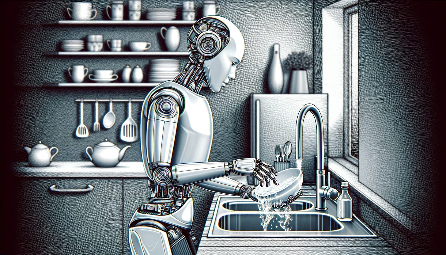 A robot does the dishes with a rag in a black and white illustration resembling the NYT. Clearly made by the authors for comical effect.