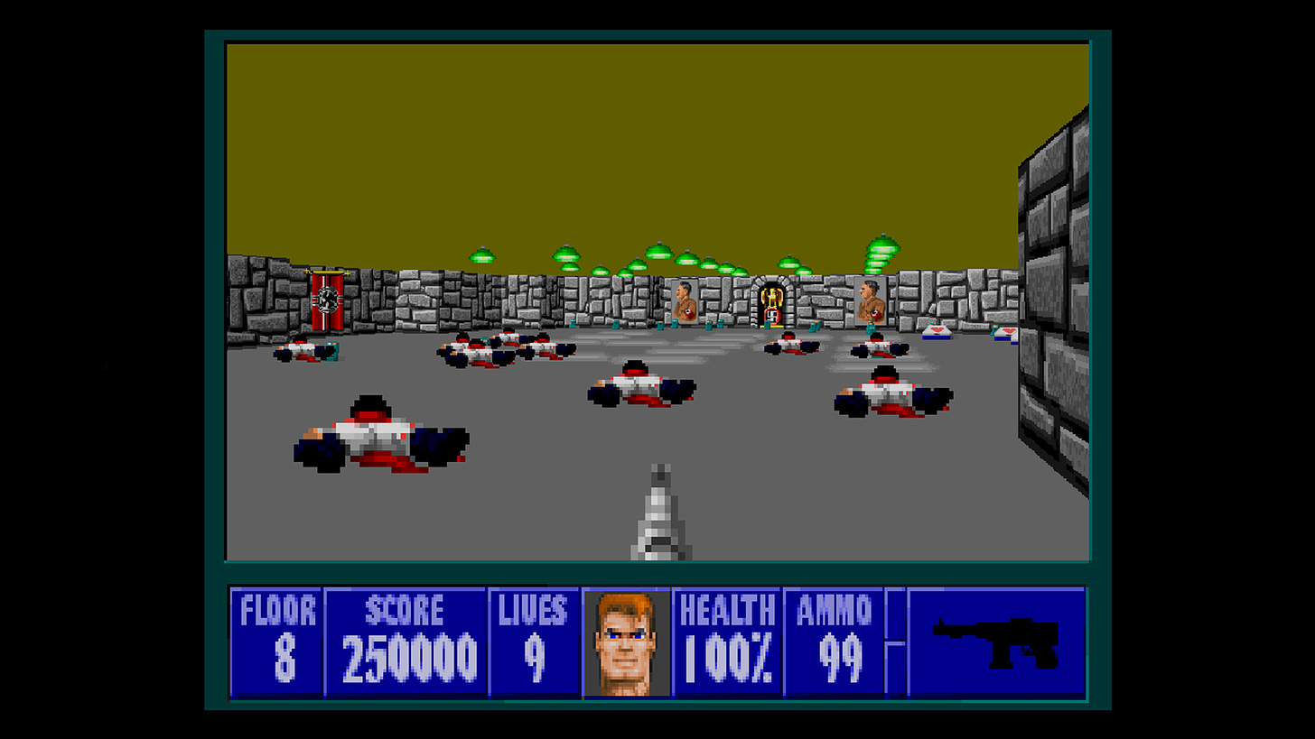 A screenshot from Wolfenstein 3D, featuring a room full of defeated Officers, the fast-moving enemies dressed in white who will kill you near instantly if you give them an opening. 