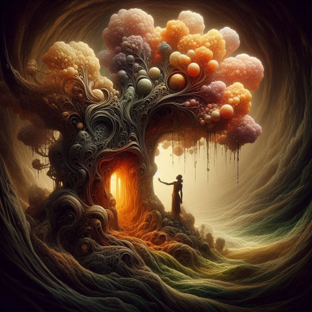 inside piercing air among trees; tiltshift/ 5d angle glass embedded Carla caves / Broken into fragments/ pieces Rwandan man in traditional garb / leaning toward camera/ his house, glowing,  is a large coral plant underwater / olive,ivory, chartrues, lace made of black water in resin/ love. coral orange, pink, cream, olive address/ reverberating waves/ water in resin verdigris/ In the style of Michael Parkes. black etching/ black linework/ 