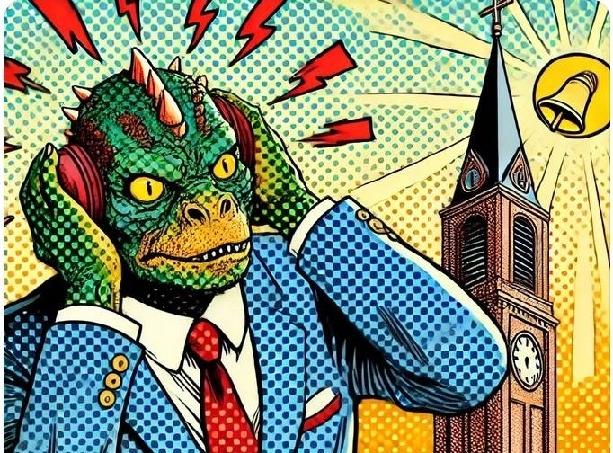 Reptilian in a business suit, holding earmuffs over the sides of its head, with a church tower and bell in the distance.