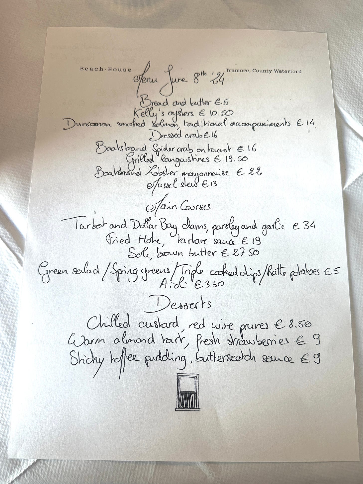 Hand written menu at Beach House, Tramore