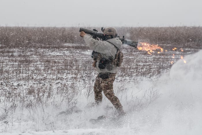 Ukrainian soldier of the 28th Mechanized Brigade fires with Carl-Gustaf Recoilless Rifle on Russian position on December 25, 2023 in Donetsk Oblast, Ukraine.