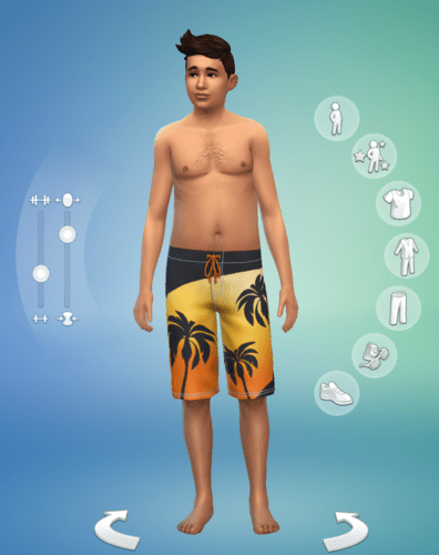 Character creation screen showing a Sim with top surgery scars on a square chest.