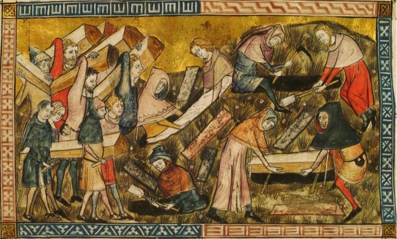 Illuminated manuscript page showing people carrying coffins Illuminated manuscript page showing people carrying coffins