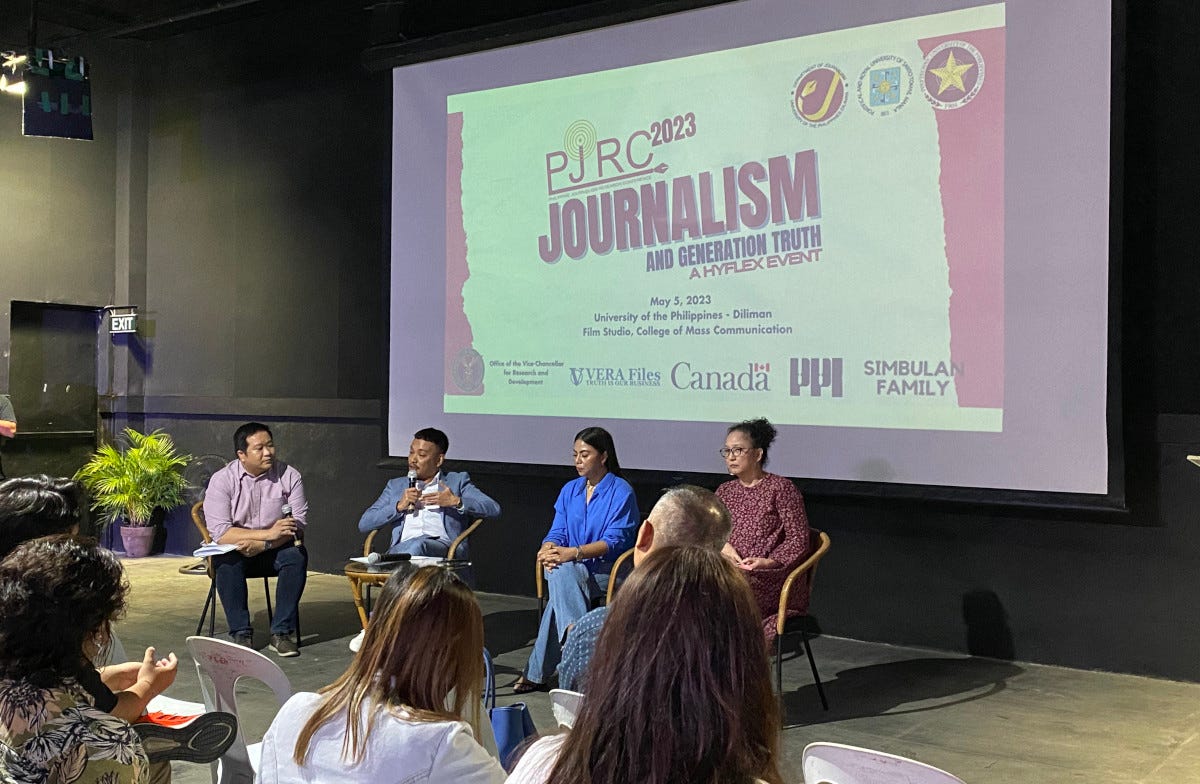 McLuhan fellows and veteran journalists in a forum during the 2023 PJRC at the UP College of Mass Communication on Friday, May 5.