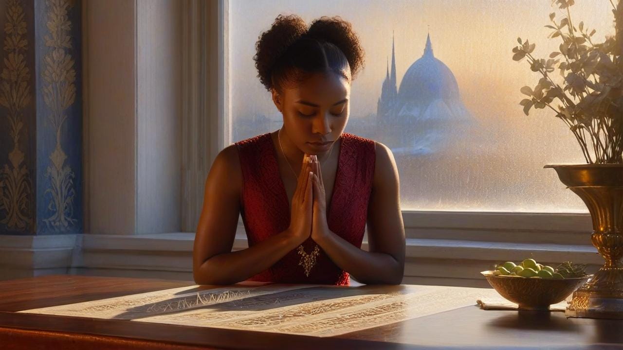 digital painting: young Black woman in crimson dress seated at walnut table with faint floral carvings, hands clasped in prayer, face softly blurred while tilted toward frosted window revealing golden-hour metropolis. Lisa Tourné's ethereal realism blends amber and indigo hues, textured woodgrain, and atmospheric perspective, 8K definition.