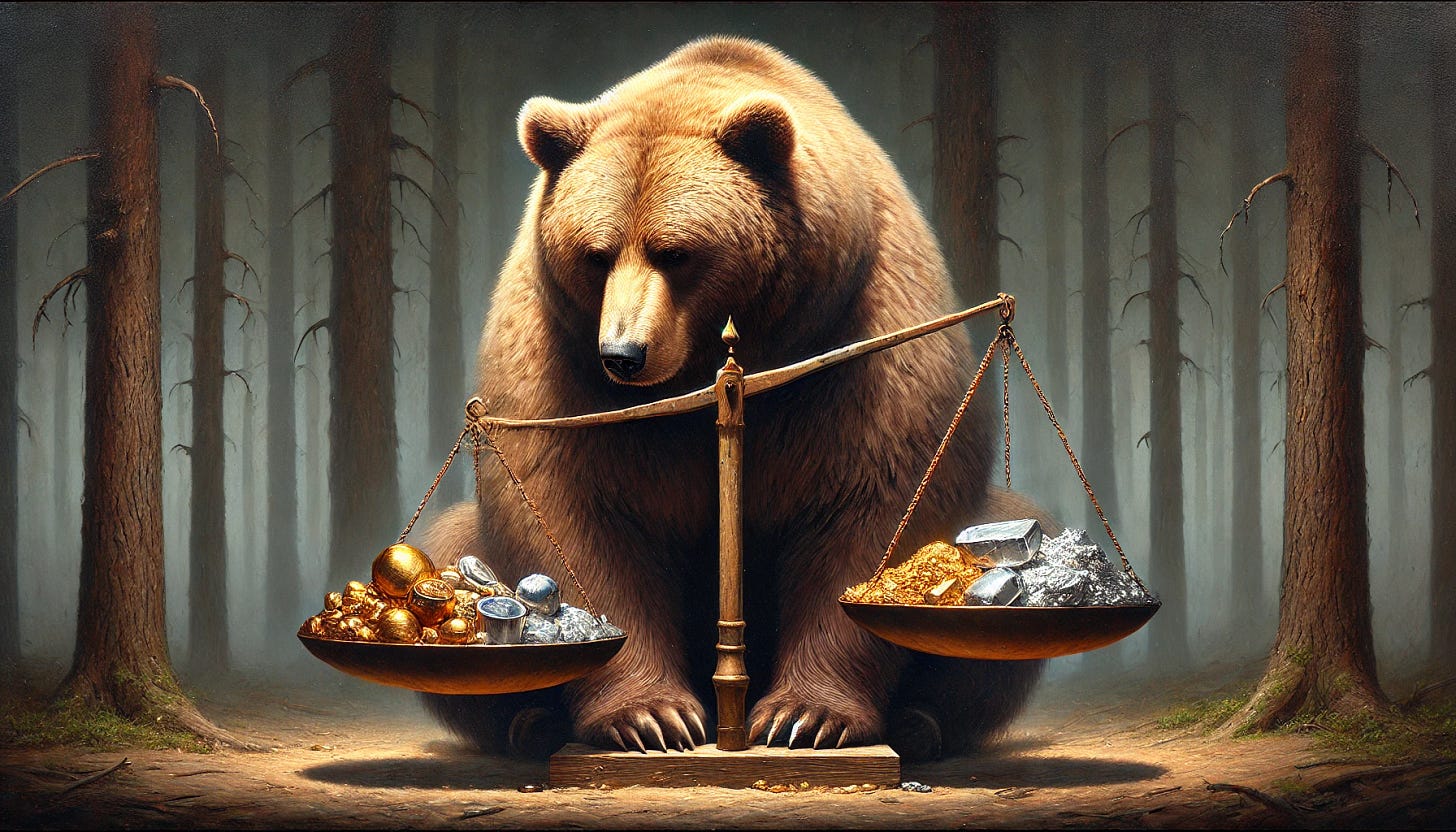 A large, majestic bear weighing metals against each other with a somber and contemplative expression. The bear is depicted in a naturalistic style, with a forest background. It carefully balances a primitive yet sturdy weighing scale, with shiny metals like gold and silver in small heaps on each side. The scene is serene and slightly mystical, highlighting the bear's focus and the glinting of the metals in the ambient light. The aspect ratio is 34:21.