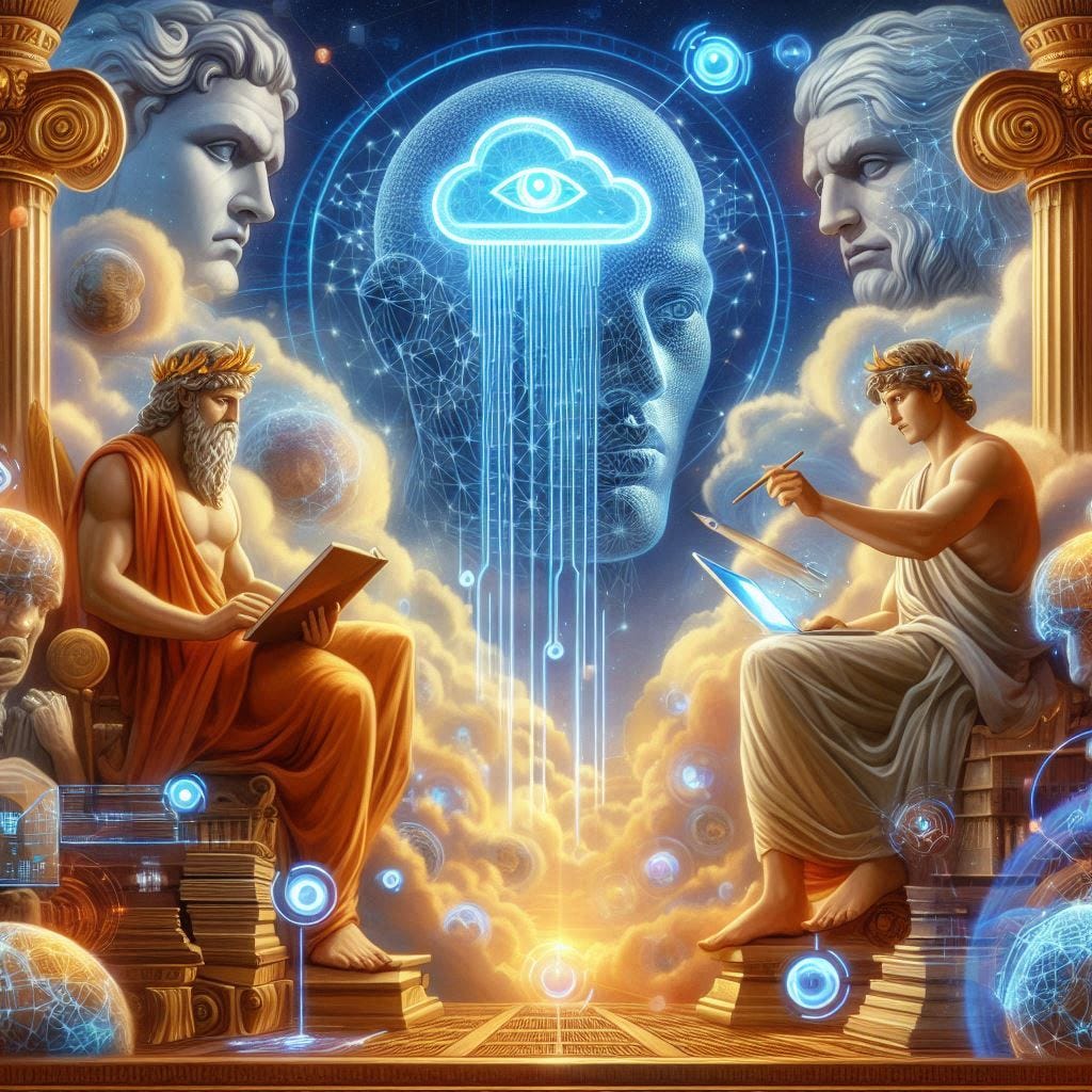 Gods Olympus and Metis working on artificial intelligence research in a Greek mythology setting with features of the Cloud