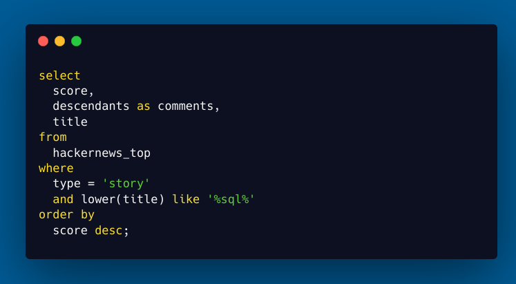 SQL query to list the top stories from Hackernews via Steampipe