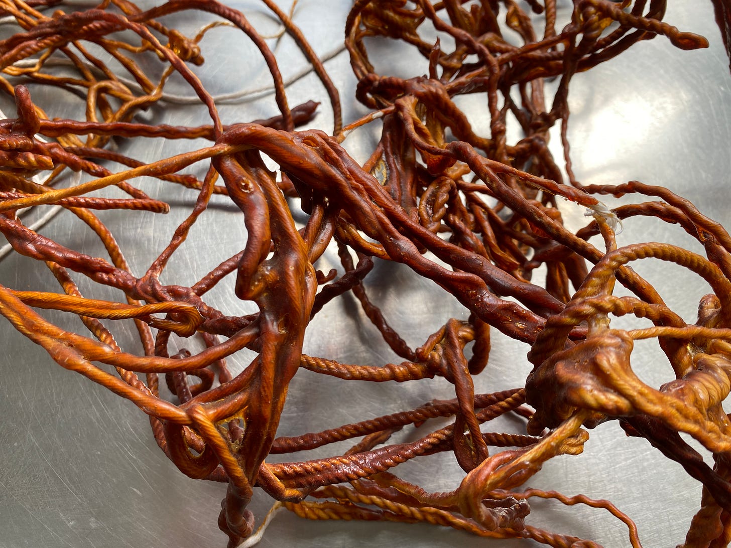 Close-up of tangle of knotted and twisted string, coated in brown, aged latex, sitting on a stainless steel work table.