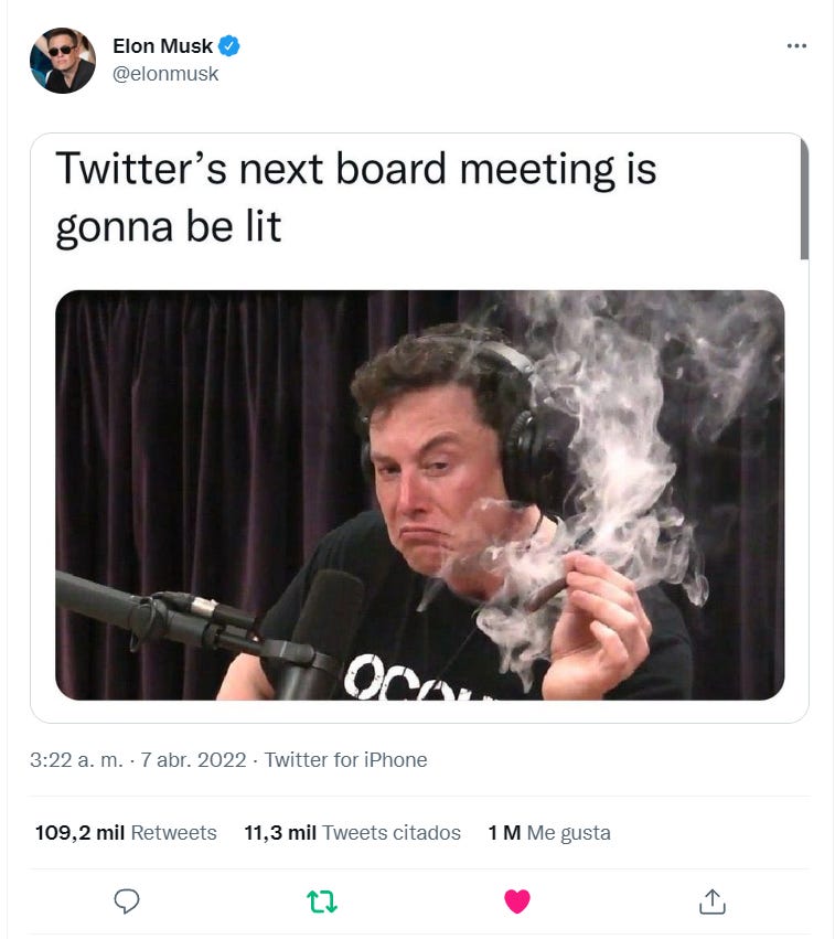 Foto Captura del Twitter de Elon Musk en el que comparte un meme sobre cómo serán las juntas de directores de Twitter tras su ingreso.