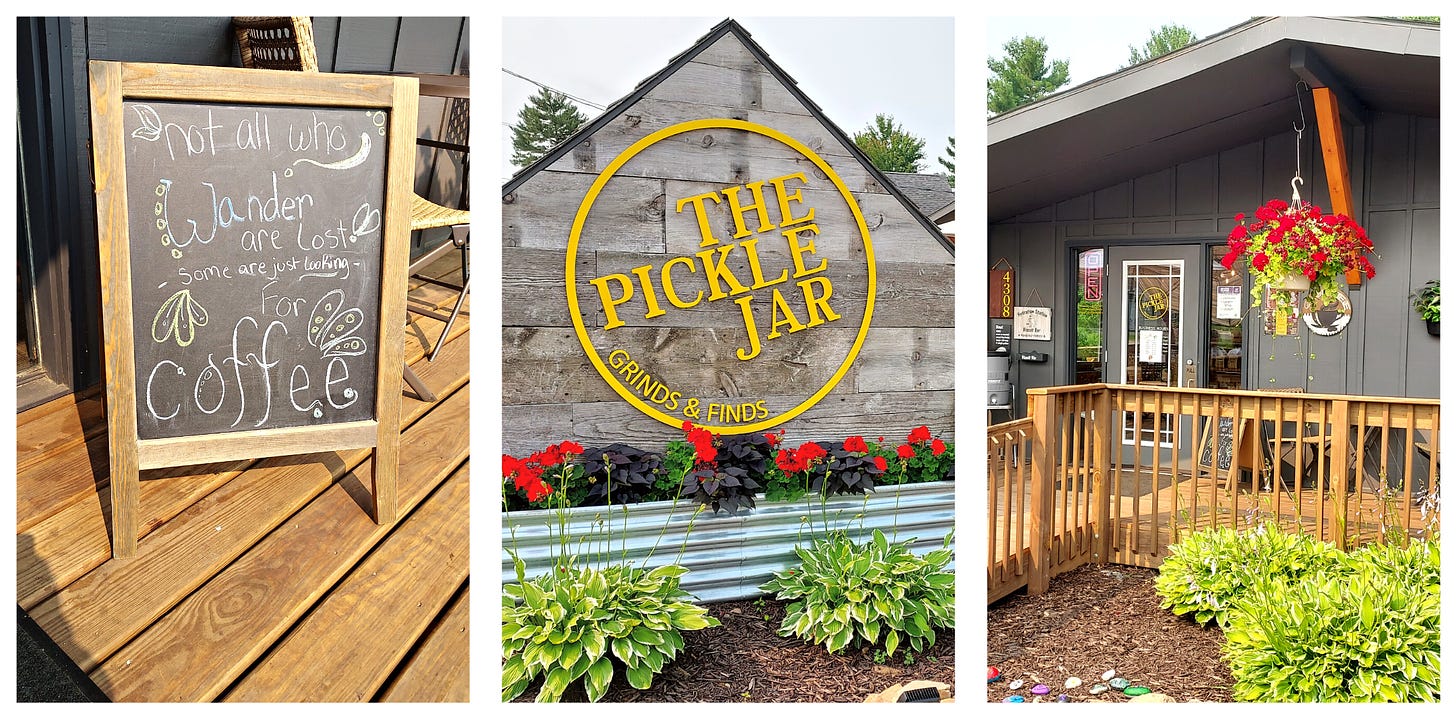 Three photos (left-right): An a-frame chalkboard that says, "Not all who wonder are lost. Some are just looking for coffee." The Pickle Jar sign with the name in bright yellow in a yellow circle mounted on a reclaimed wood background. The patio in front of the cafe.