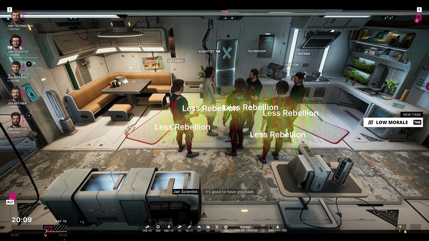 A screenshot of The Alters, showing the titular alters in a futuristic base kitchen and they all have yellow bubbles of "Less Rebellion" after an event.