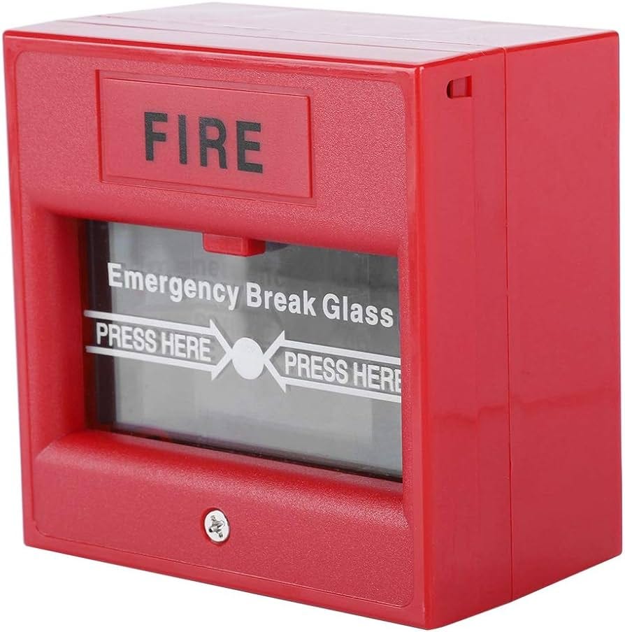 Red Fire alarm box, big letters reading "Fire","Emergency break glas", and two arrows pointing within, "Press here"