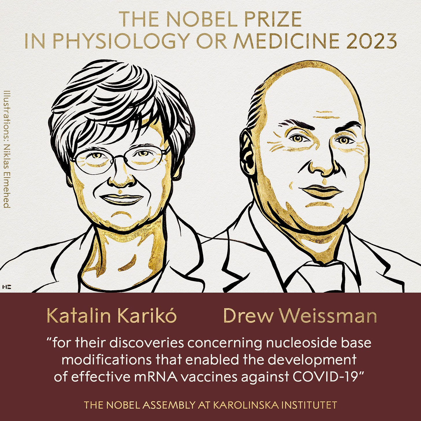2023 Nobel Fizyoloji veya Tıp Ödülüne layık görülen Katalin Karikó ve Drew Weissman ilüstrasyonu