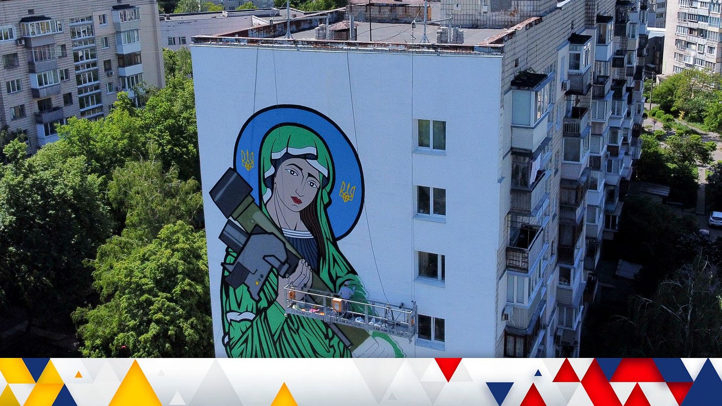Ukraine war: Giant mural of Saint Javelin meme painted in Kyiv outrages  church organisation | World News | Sky News