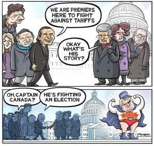 Canadian premiers unite in Washington against U.S. tariffs, showcasing provincial leadership amidst federal absence, while Doug Ford's political motives face scrutiny.