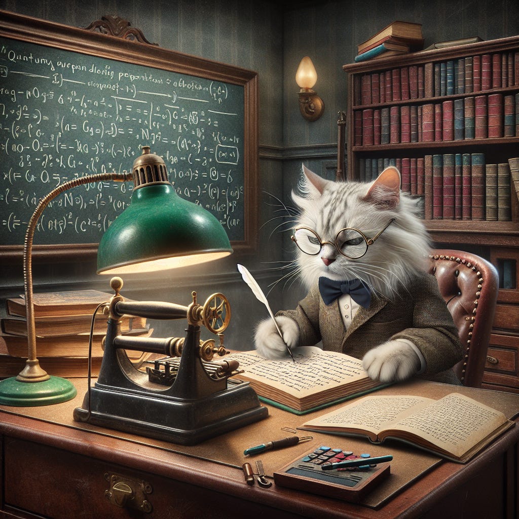 An imaginative and whimsical illustration of Schr\u00f6dinger's cat as a very talented writer. The cat is anthropomorphized with a thoughtful expression, sitting in a cozy, vintage-style study room. It is working at an old-fashioned writing desk, using a quill pen to scribble in an open book. The cat has a pair of round spectacles perched on its nose and there's a classic, green-shaded banker's lamp on the desk, casting a warm glow over the scene. Books are stacked haphazardly around the cat, and a chalkboard in the background has quantum physics equations scrawled on it, nodding to the famous thought experiment.