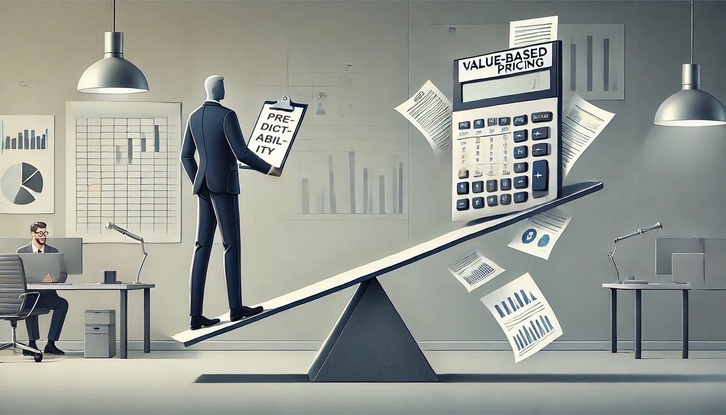 A metaphorical business seesaw where predictability weighs more than value-based pricing