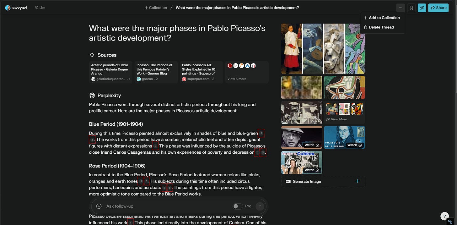 Screenshot of Perplexity AI’s interface after pulling together articles, images, videos, and a summary in response to a query.