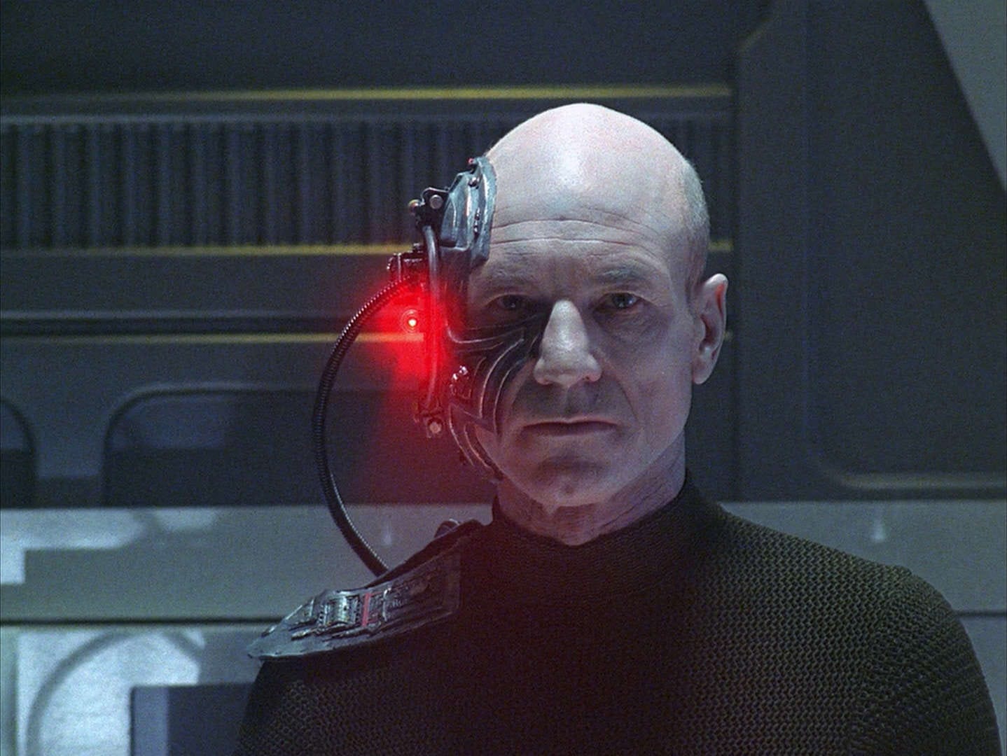 Jean Luc Picard but assimilated by the Borg