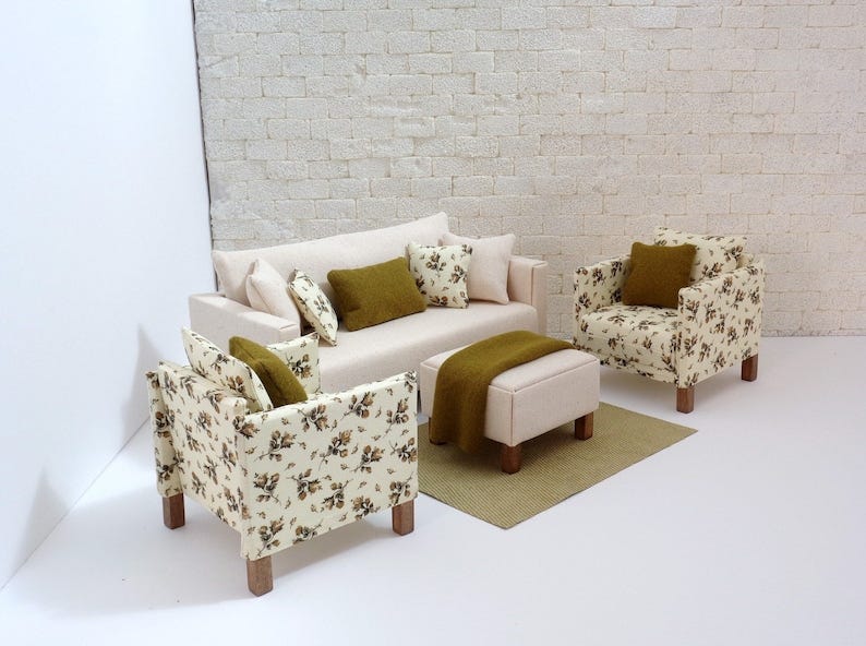 3 pieces sofa/ottoman and 2  chair in 1/6 scale doll house image 1