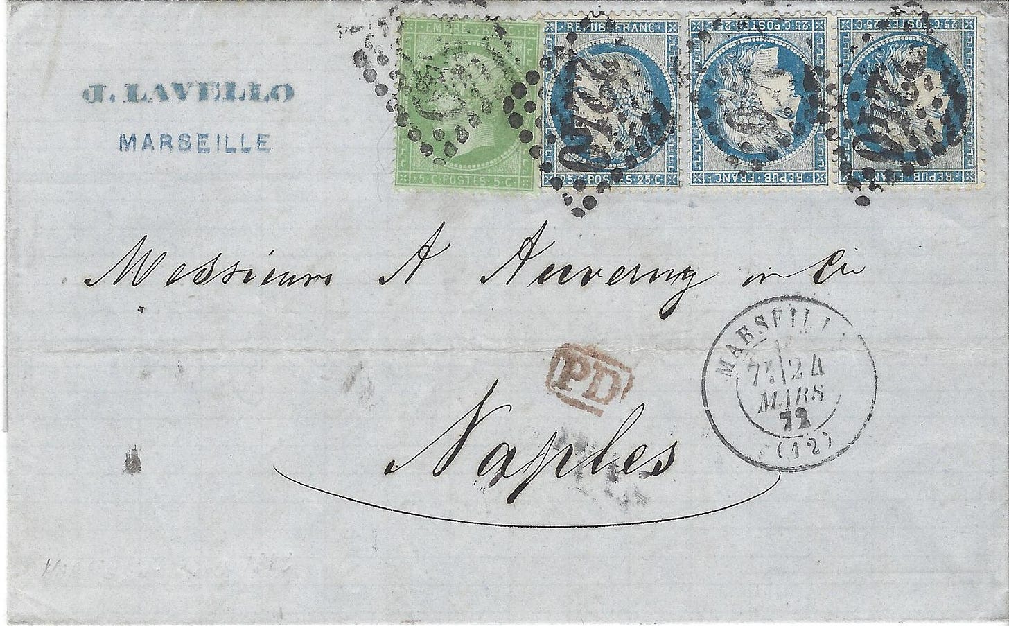 1872 folded letter from France to Italy