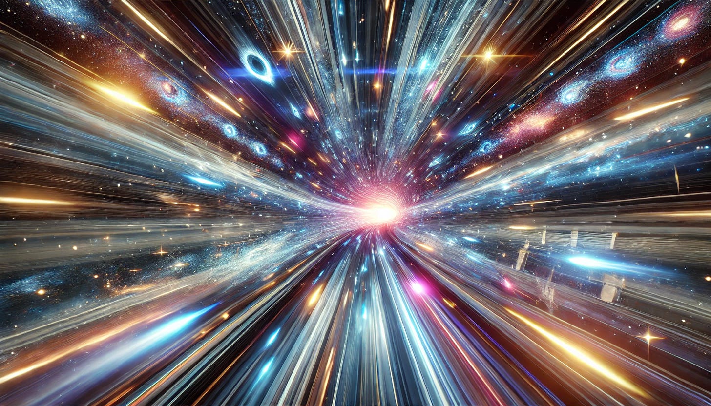 A widescreen depiction of traveling through a space-time tunnel at warp speed. The scene features a dynamic, swirling tunnel of vibrant lights, streaking stars, and glowing energy patterns that create a sense of immense velocity. The colors include intense blues, purples, and whites, with luminous trails and motion blurs adding to the feeling of rapid movement through spacetime. The tunnel appears infinite, with a glowing central point in the distance symbolizing the destination. The style is vivid, immersive, and futuristic, capturing the awe and intensity of faster-than-light travel.