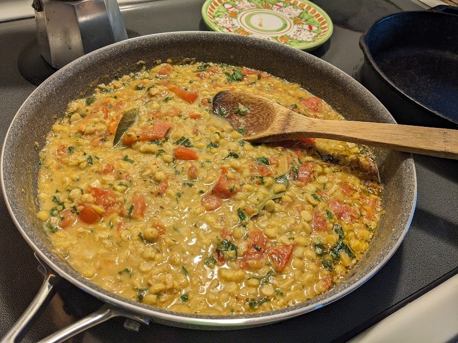 a pan of chickpea pasta stewing