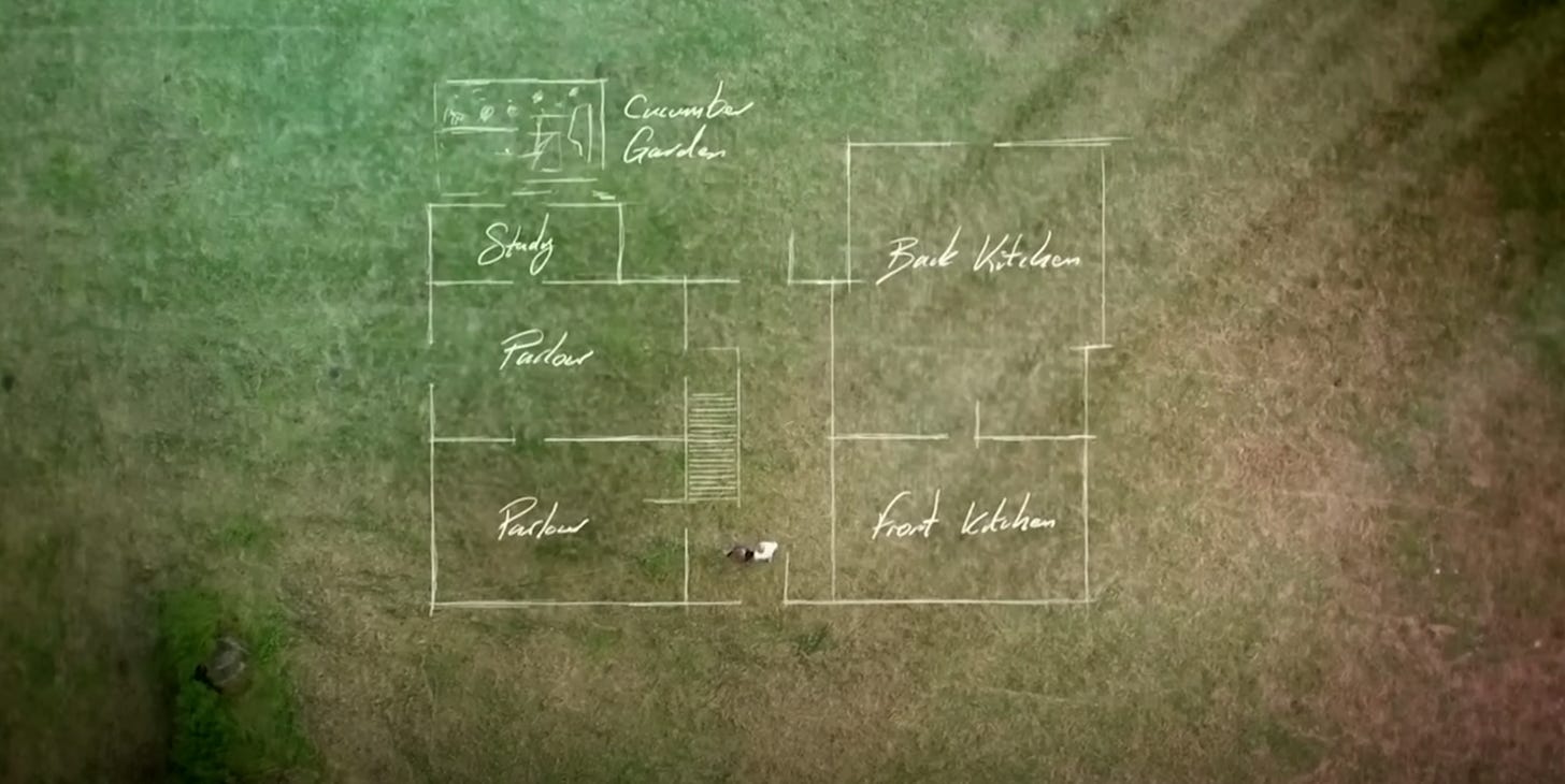 Still image from Lucy Worsley's documentary that shows the outline of a floor plan over what would have been the site of Jane Austen's home. 
