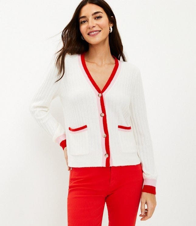 Tipped Puff Sleeve V-Neck Cardigan image number 1