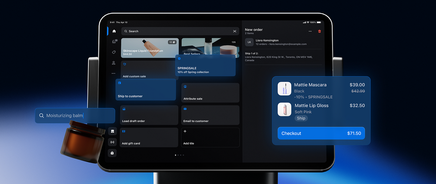 A close-up shot shows a Shopify POS interface displayed on a tablet, likely an iPad, mounted on a stand. The interface features a dark mode theme with various elements visible. On the left, a vertical navigation bar displays icons for Home, Products, Orders, Customers, Drafts, and More. The "Products" icon is highlighted, suggesting the user is currently in that section. A search bar at the top reads "Q Search."  In the center of the screen, a grid of product categories or quick actions is visible, including options like "Add custom sale," "Ship to customer," "Attribute sale," "Load draft order," "Email to customer," "Add gift card," and "Add tile." A "SPRING SALE" banner indicates a 10% off spring collection.  Overlapping the right side of the screen is a "New order" panel. This panel displays customer information ("Liana Remington"), shipping details, and line items in the cart. Two items are currently added: "Mattie Mascara" in Black, priced at $39.00 (originally $42.99 with a -10% SPRING SALE discount), and "Mattie Lip Gloss" in Soft Pink, priced at $32.50. A "Ship" tag is visible under the lip gloss. The subtotal is $71.50, and a prominent blue "Checkout" button is at the bottom.  In the foreground, slightly out of focus, is a small brown jar with a label, and a translucent blue search bubble originating from it reads "Q Moisturizing balm," indicating a recent search query. The overall scene suggests a retail environment where a sales associate is using the Shopify POS system to process a customer order.