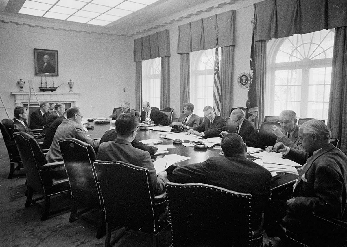The Kennedy administration meets during the Cuban Missile Crisis.