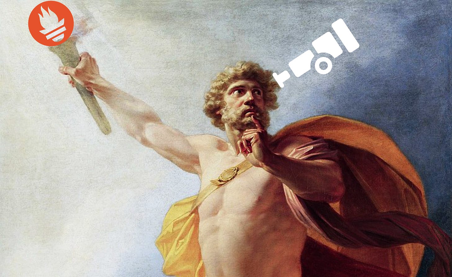 Image of a Greek god holding a torch with the Prometheus logo, and OTel logo