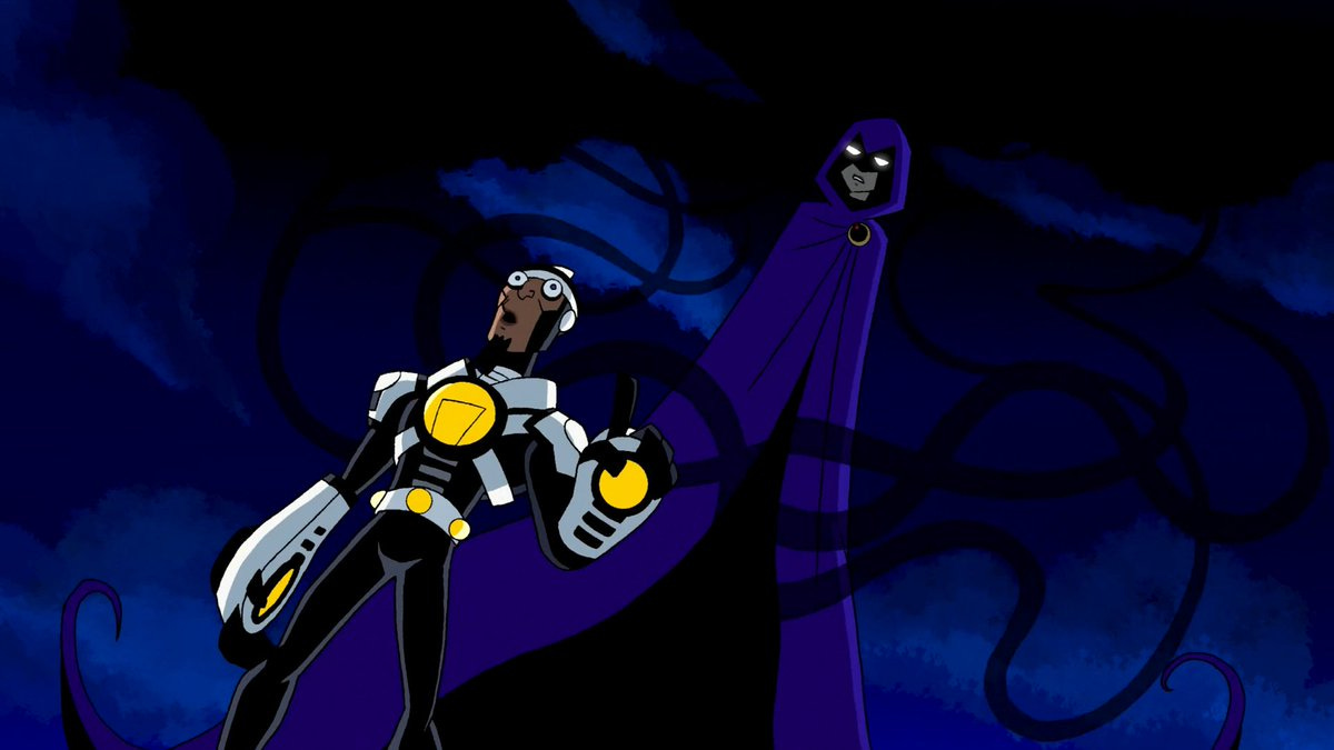 Raven hovers as her tendrils sneak up on Dr Light (Teen Titans, 2003)