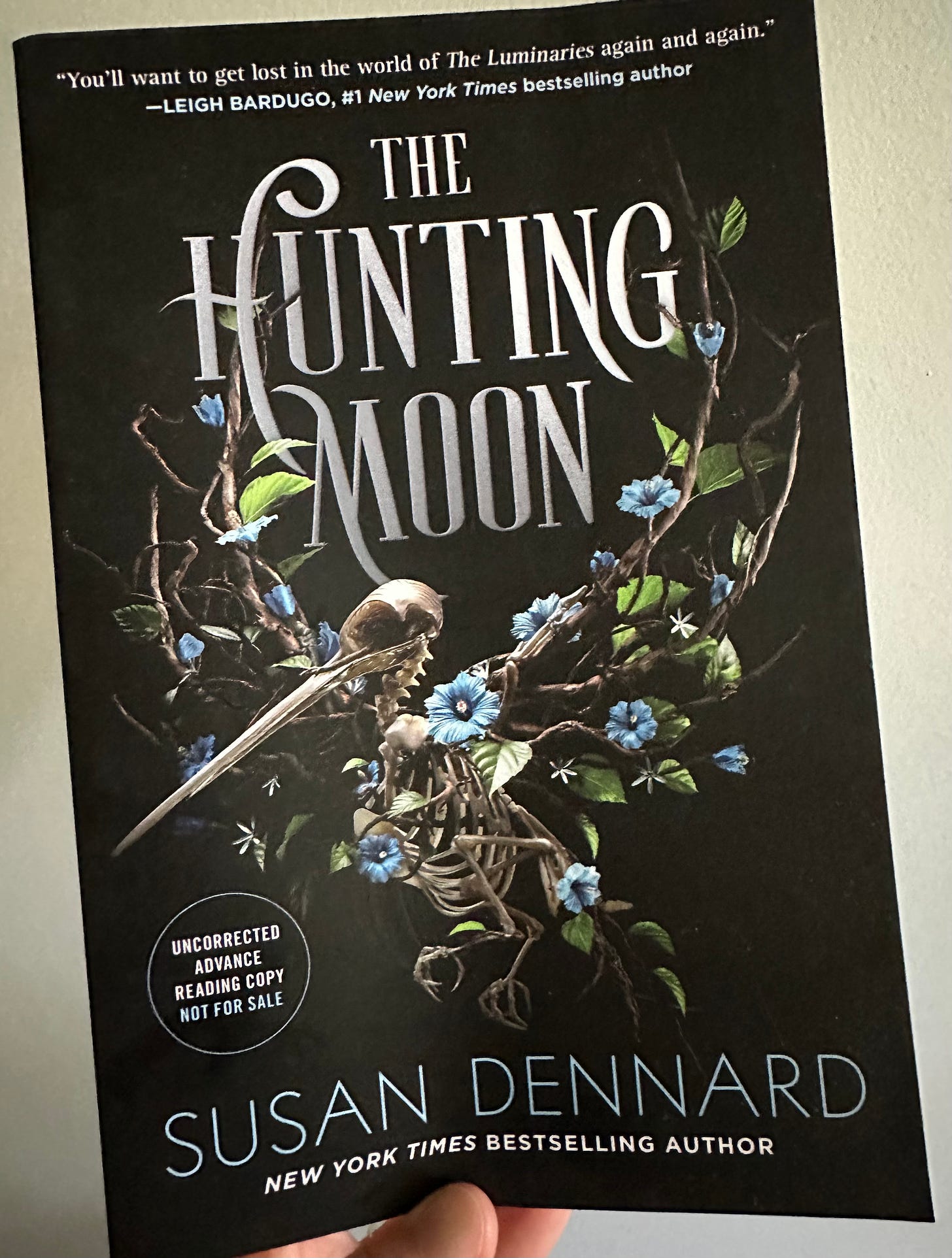 A photo of an advanced copy of the US edition of The Hunting Moon