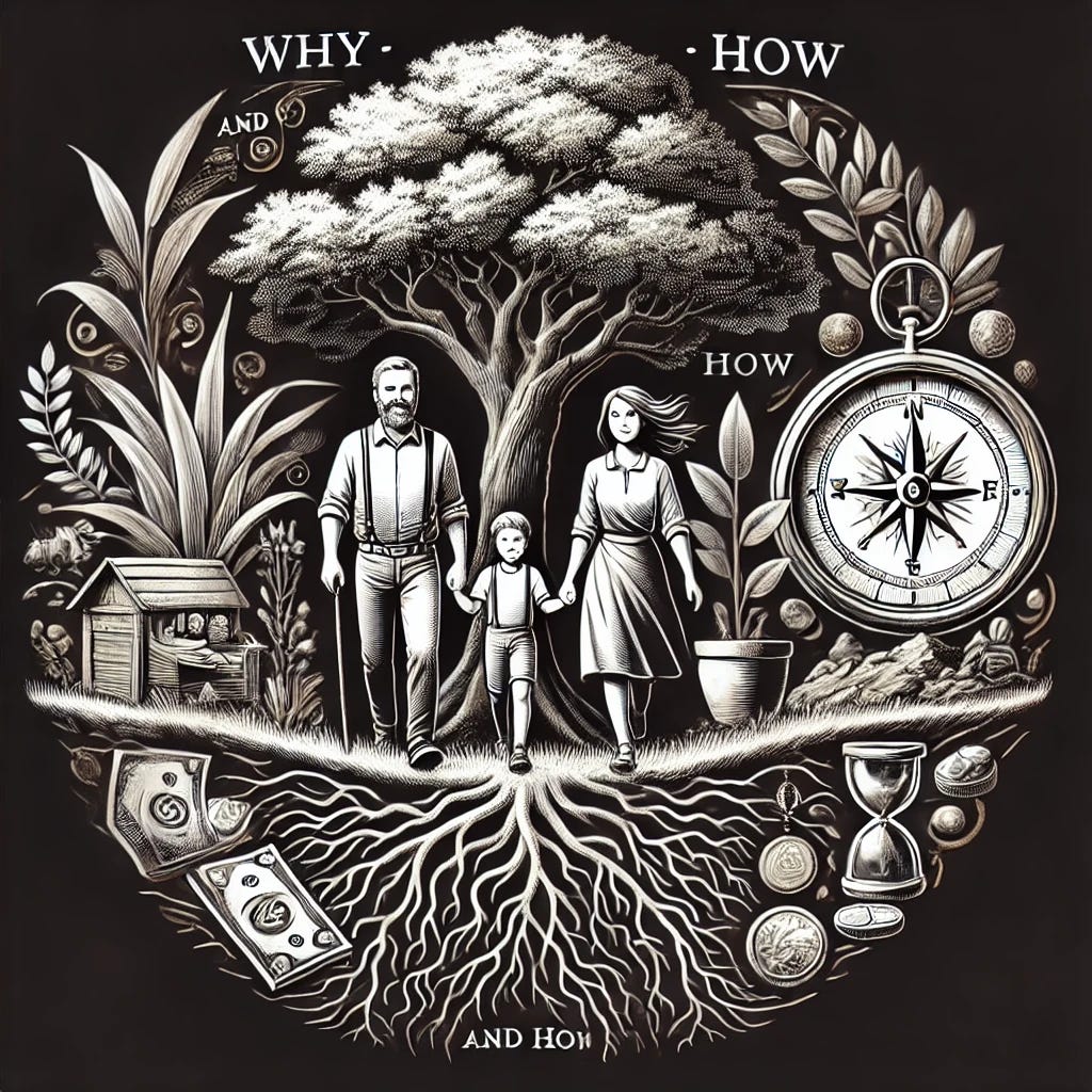 A black and white illustration symbolizing a personal manifesto on Why and How, featuring elements that represent nature, a map, family, and wealth. The image includes a tree with deep roots and sprawling branches to symbolize nature and growth. A compass and an old-fashioned map are intertwined with the tree roots to signify direction and purpose. In the center, a family of four (father, mother, 11-year-old boy, and 9-year-old girl) is standing together, representing unity and support. Around them, subtle symbols of wealth like a small treasure chest or coins are placed discreetly, integrating the concept of abundance in a harmonious way.