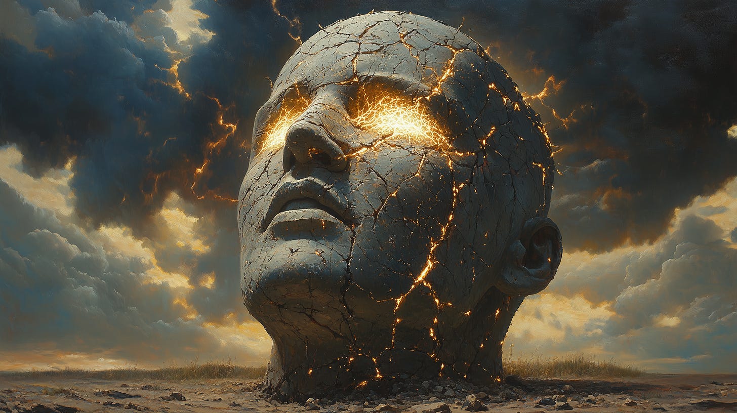 A cracked stone head glowing with inner light under stormy skies, symbolizing resilience, strength, and an unbreakable mind.