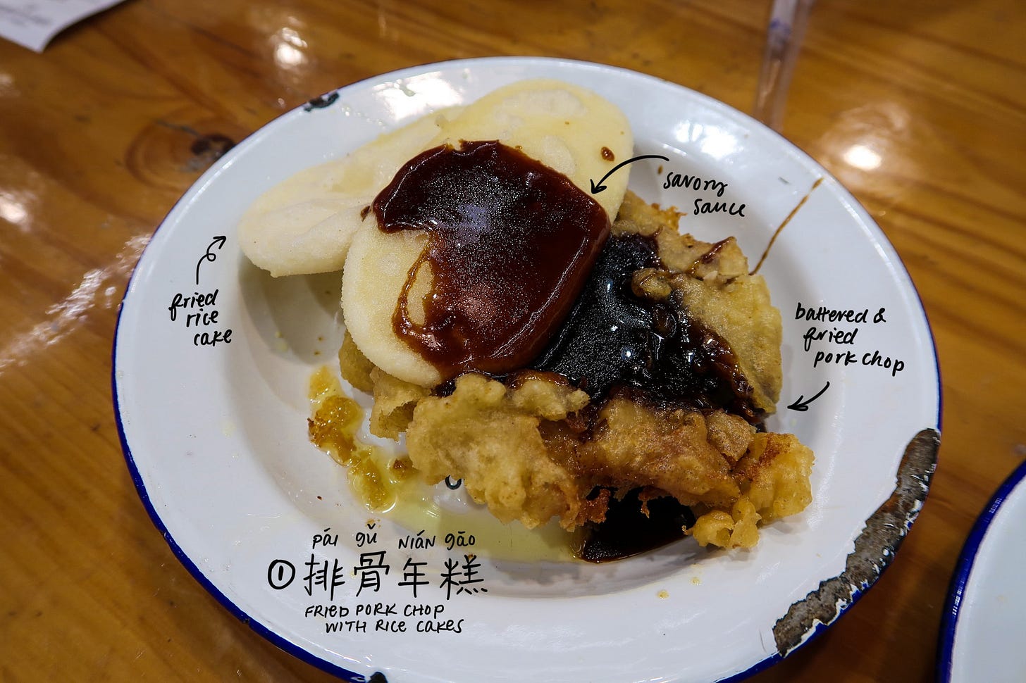 Fried pork chop with rice cake (排骨年糕, páigǔ niángāo)