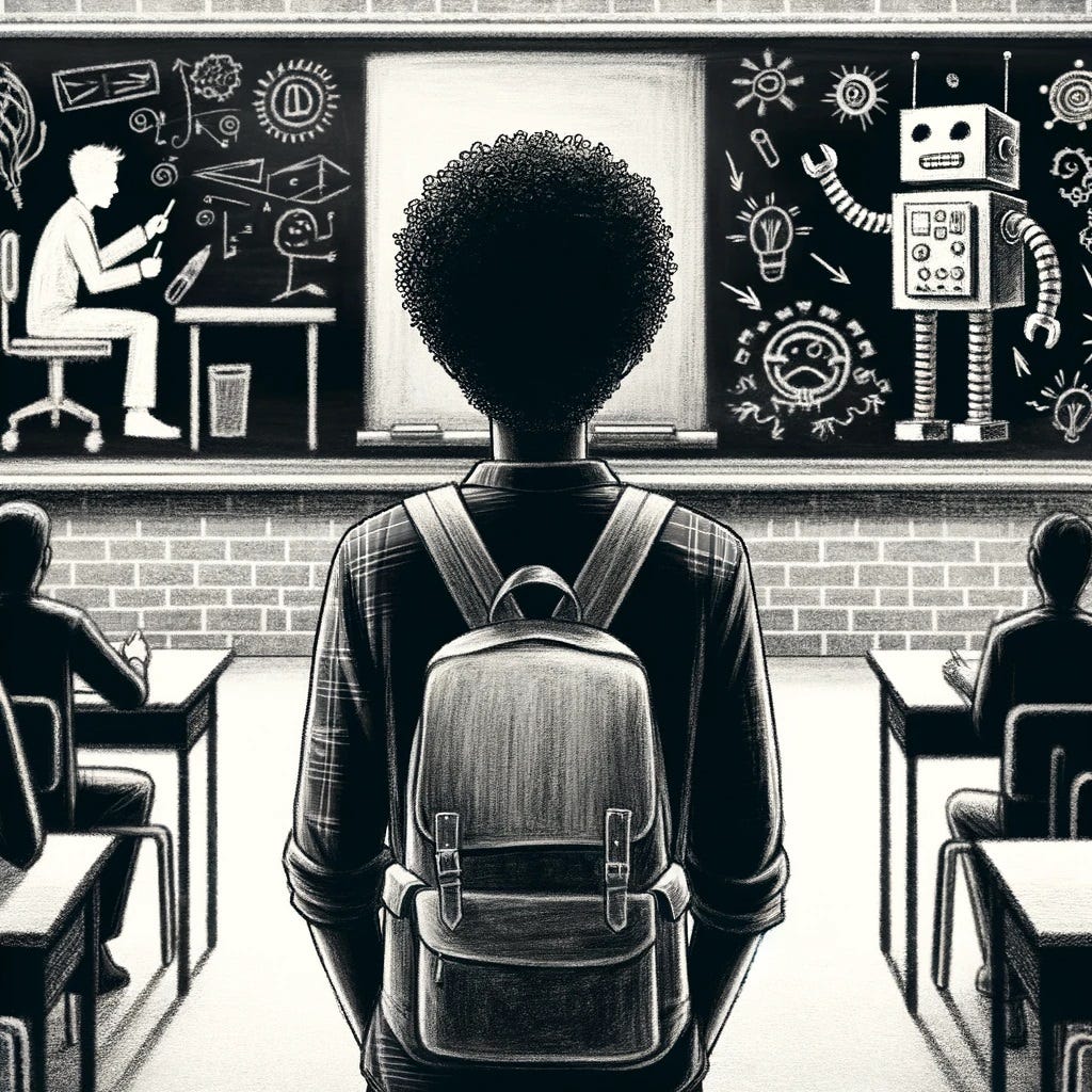 A charcoal sketching of a black college student staring at a chalkboard.  On the chalkboard to the left is a person at a desk with strang objects around them.  The middle of the chalkboard is just a white square.  On the right of the challkboard is a clunky robot with other symbols around it.  