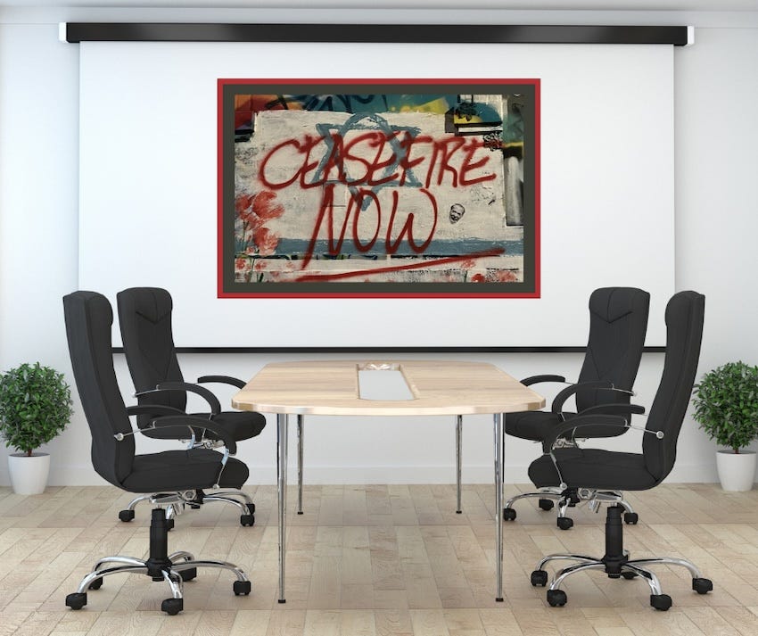 Board room with 'ceasefire now' on the screen