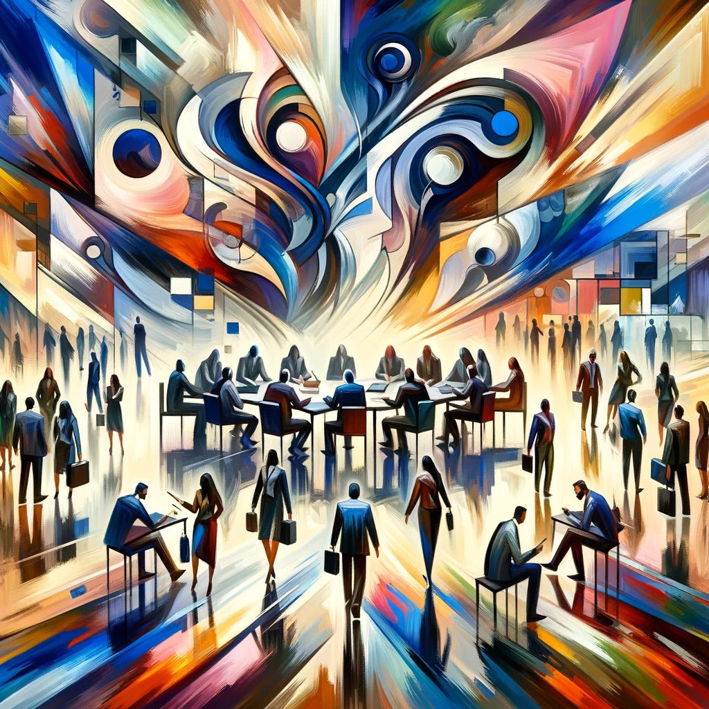 1. Image representing 'Managing Uncertainty: An Experiment on Delegation and Team Selection': Visualize a scene with abstract shapes and colors depicting a group of diverse individuals in a dynamic and uncertain environment, symbolizing delegation and team selection. The style should be abstract expressionist, featuring spontaneous, energetic brushstrokes, and a vibrant, emotive color palette. 2. Image representing 'When Reflection Hurts: The Effect of Cognitive Processing Types on Organizational Adaptation to Discontinuous Change': Create an abstract composition that symbolizes reflection and cognitive processing in a challenging organizational setting. The artwork should be in the abstract expressionist style, characterized by bold, expressive brushwork and a vivid, intense color scheme.