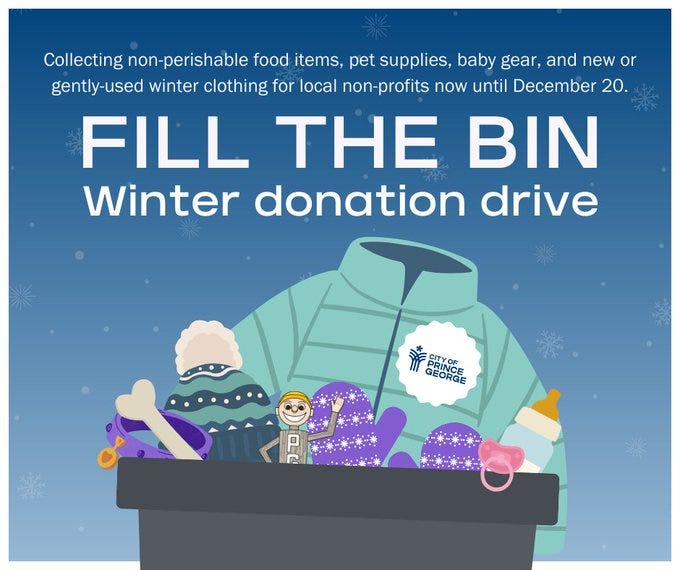 A graphic promoting a winter donation drive titled "Fill the Bin." It features a bin filled with winter clothing items, pet supplies, and toys. The background is snowy, with text detailing the collection of non-perishable food items, baby gear, and gently-used winter clothing for local non-profits until December 20.