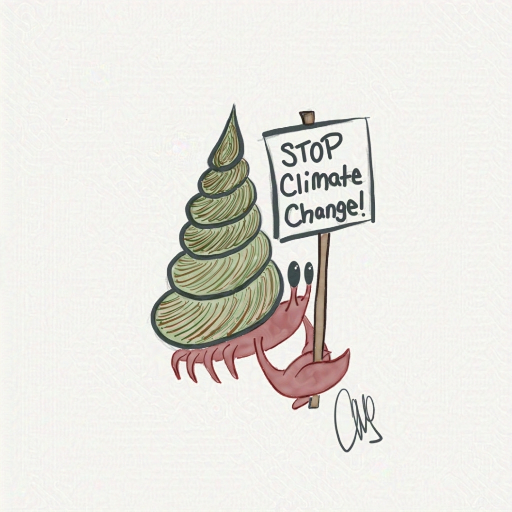 Hermit crab holding a sign that says "Stop Climate Change"