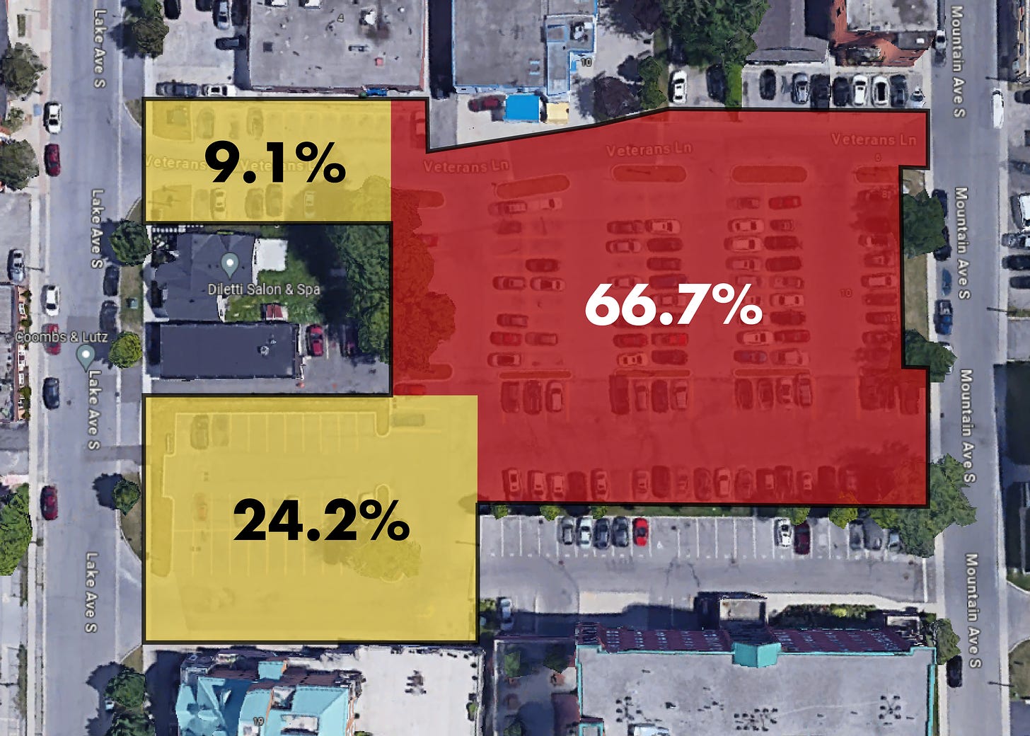 A map of the Stoney Creek parking lot that would have been converted to social housing showing that 66.7% of the lot would have remained parking while only 33.3% would have been converted.