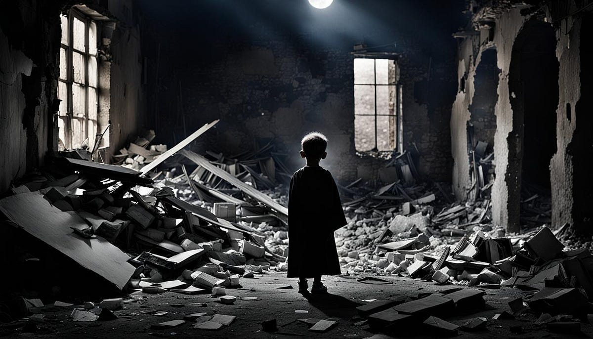 Little boy standing in a dark, ruined building