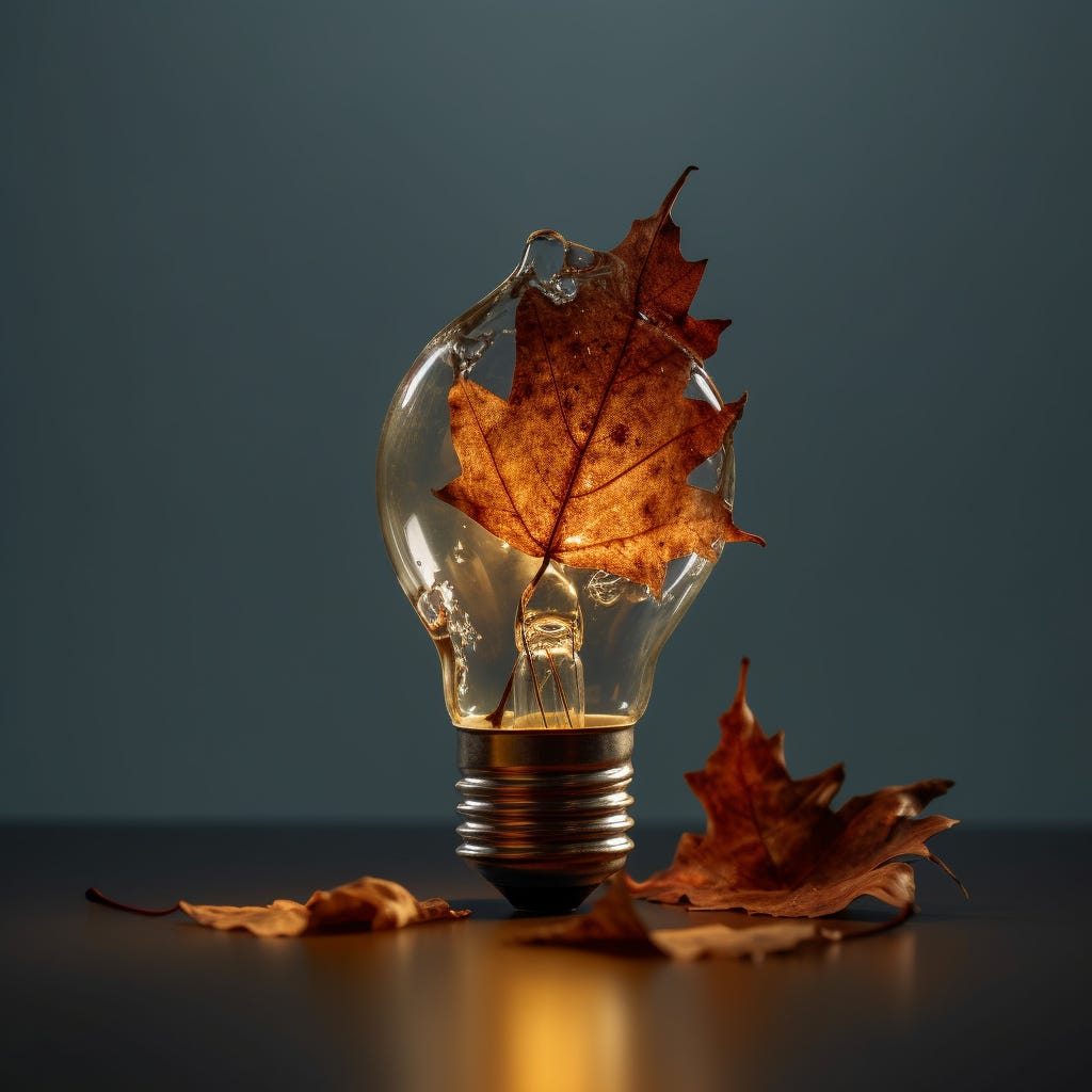 a broken lightbulb with a rotting maple leaf instead of an elements. Broken glass, brown leaf